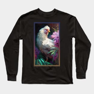 Chicken Vibrant Tropical Flower Tall Digital Oil Painting Portrait 2 Long Sleeve T-Shirt